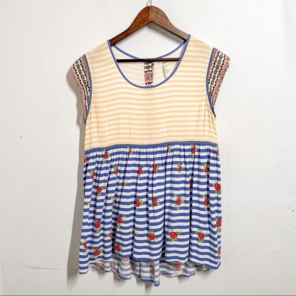 Matilda Jane Top On my Mind Yellow Blue Stripes and Flowers Short Sleeve Tunic M - Picture 2 of 7